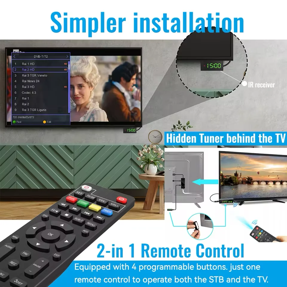 Dluxury U3mini DVB T2 DVB C décodeur de télévision numérique HD canaux de télévision gratuits 7 jours Sintoniseur de télévision EPG pour l'espagne France Itlay Columbia ect