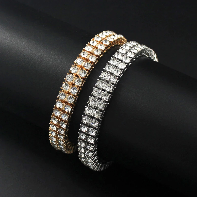 2 Row Tennis Bracelet Iced Out Bling Rhinestone Bracelets Silver Gold Plated Wrist Chain Hip Hop Jewelry For Men Women Gifts