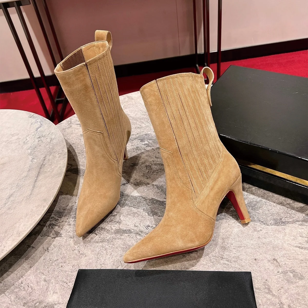 2026 High Quality Autumn Women Shoes Elegant Pointed Toe Stiletto Mid Calf Boots For Party ch24100905