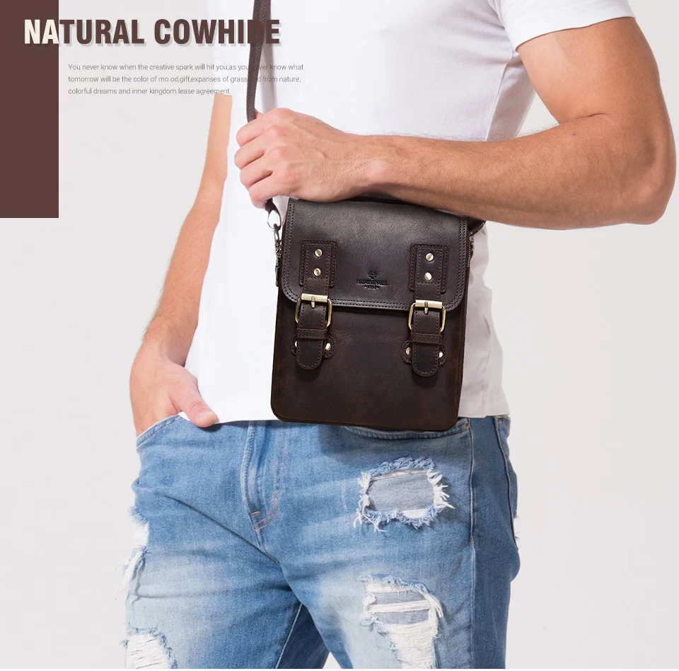 Retro-style lock flap travel single-shoulder backpack, leather leather large-capacity vertical square men's crossbody bag