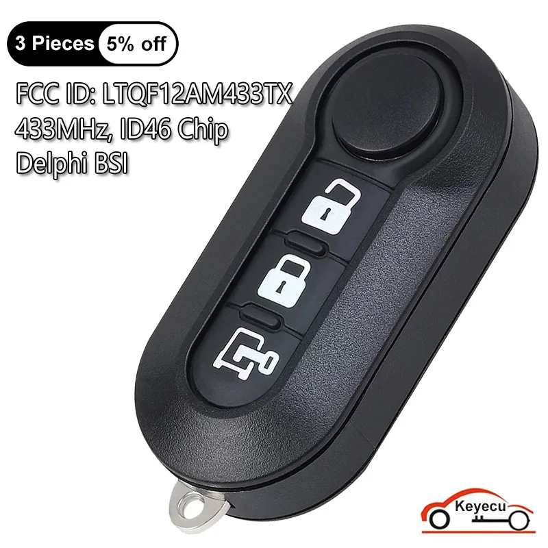 

KEYECU 3 Buttons 433MHz ID46 Chip for Fiat 500 2012-2017 for Ram Promaster City 2015-2021 Auto Flip Remote Key Fob LTQF12AM433TX