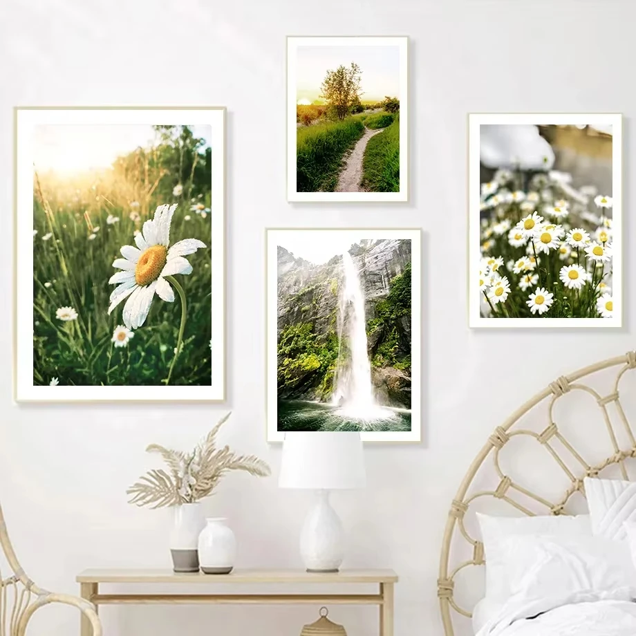 Daisy Mountain Forest Flower Green Plant Wall Art Canvas Nordic Living Room Decor Poster Print Eco-Friendly Home Decoration