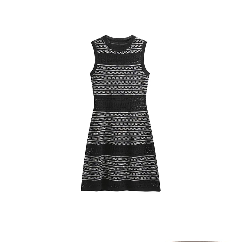 Sleeveless Ice Silk Vest Dress for Women in Summer 2025 New Hollowed Out High Waisted A-line Knitted Dress