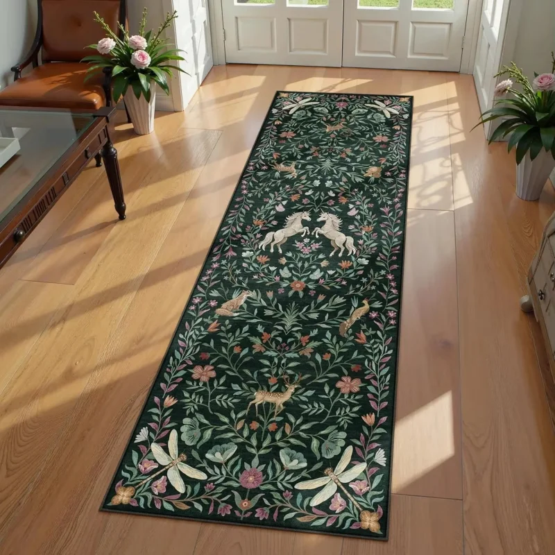 Image of VIKAMA Vintage Waldtier-Blumenmuster Langer Läufer Dunkelgrüner Natur- und Tiermuster-Teppich Rutschfeste Flur- und Schlafzimmer-Dekormatte