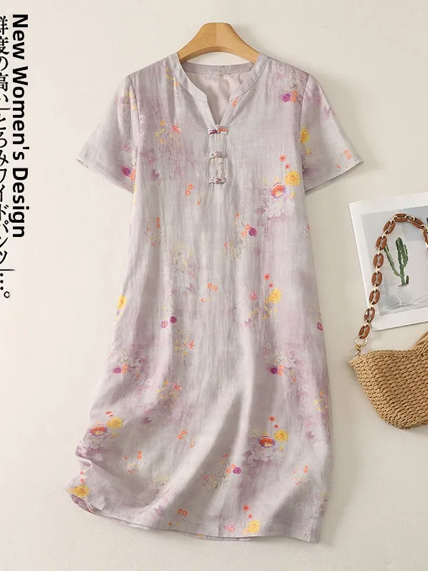

Elegant plus Size Dress Chinese Style Printed Loose Fit Mid-Length A-Line Skirt Women's Summer Fashion Dress