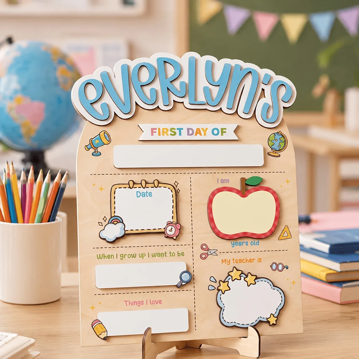 Custom Name First Day of School Wooden Sign, 3D Raised Reusable Wipe‑Off Back to School Board, Kids Milestone Photo Prop Keepsak