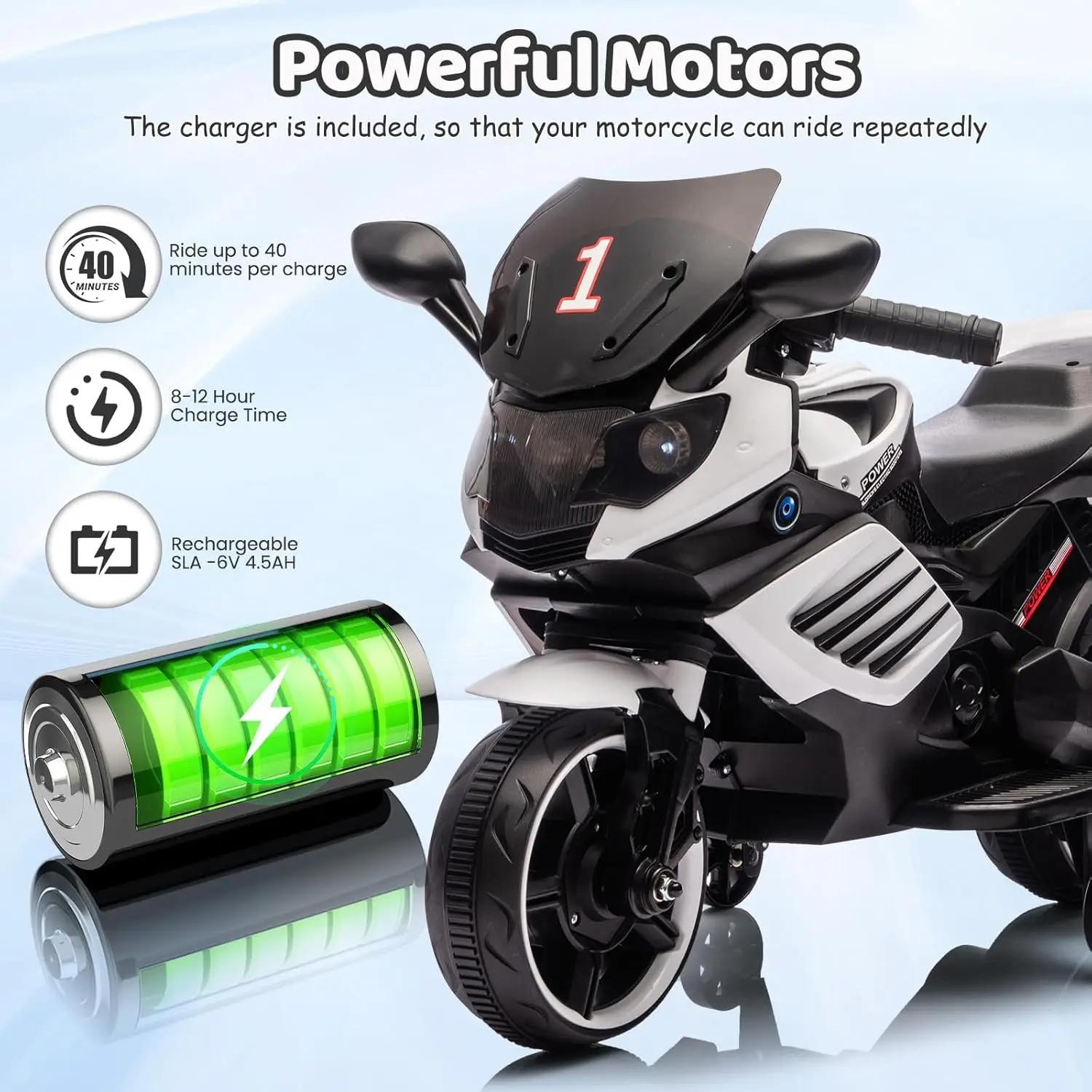 Kids Ride On Motorcycle, 6V Electric Motorcycle, w/Horn, Headlight, Music, Training Wheels, Ride On Toys for Kids Boys Girls