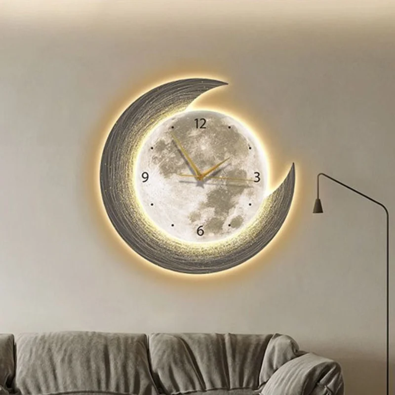 Modern Wall Clocks Elegant Watch Moon Painting Creative Clock Silent Home Decoration Accessories with Lamp Light Luxury Design