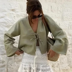 I K.REA Cotton Line Tops Women Lace Up V-neck Loose Solid Shirts Female 2024 Summer New Long Casual Sleeves Soft Lady Shirt