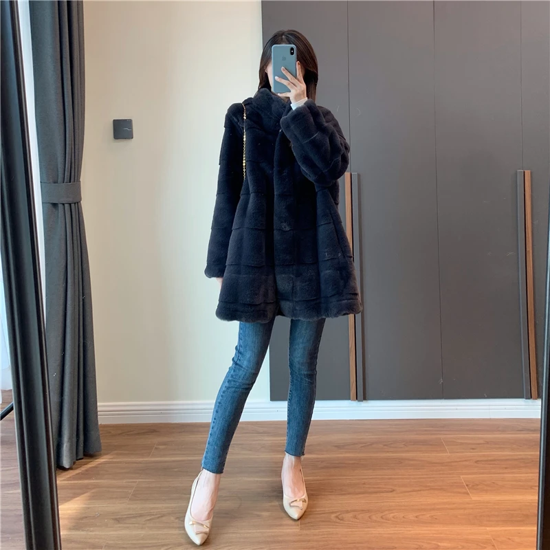 Denmark Mink Real And Faux Mixed Fur Medium Long Female Coat Women's Autumn Winter 2021 Fashion Overcoat Long Sleeve Casual