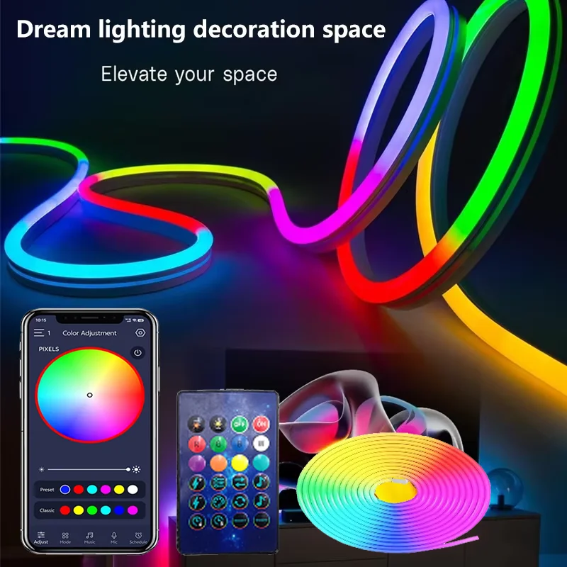 5/10 متر IP65 RGB شريط مصباح النيون ، RGB LED أضواء حبل النيون لتقوم بها بنفسك إضاءة ديكور النيون ، إضاءة ديكور للعطلات التي يتم التحكم فيها بواسطة التطبيق.