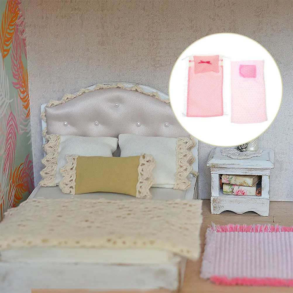 

3Sets Miniature Dollhouse Bedding Soft Bedsheets Pillows Pretend Play Bedroom Decor Accessories Set for Kids Collectors