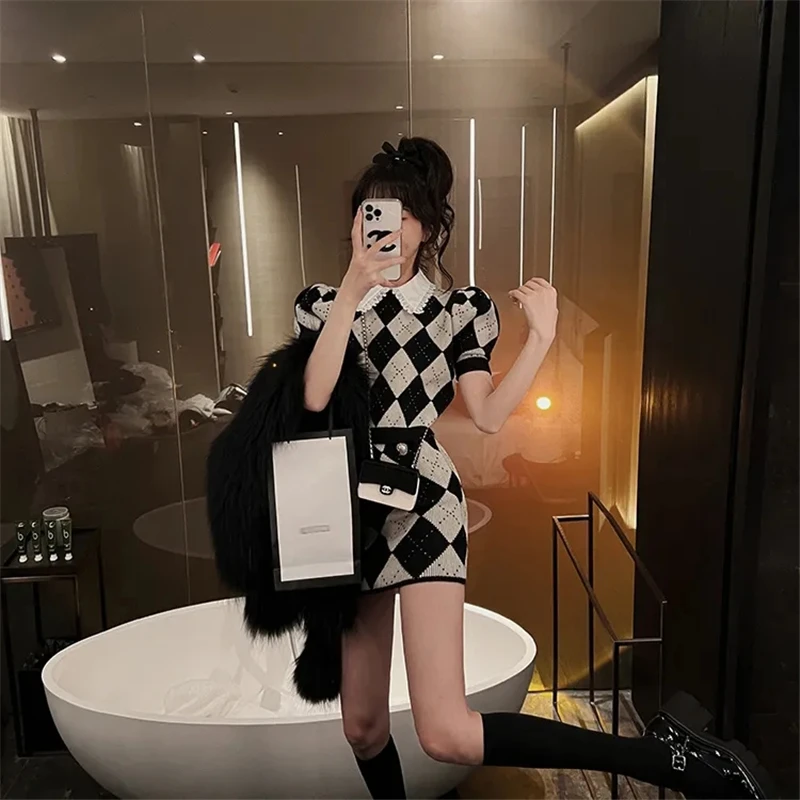 Summer Knitted Plaid Two Piece Sets Women Sexy Elegant Puff Short Sleeve Crop Tops and Mini Slim Skirts Outfits Korean Y2k Suit