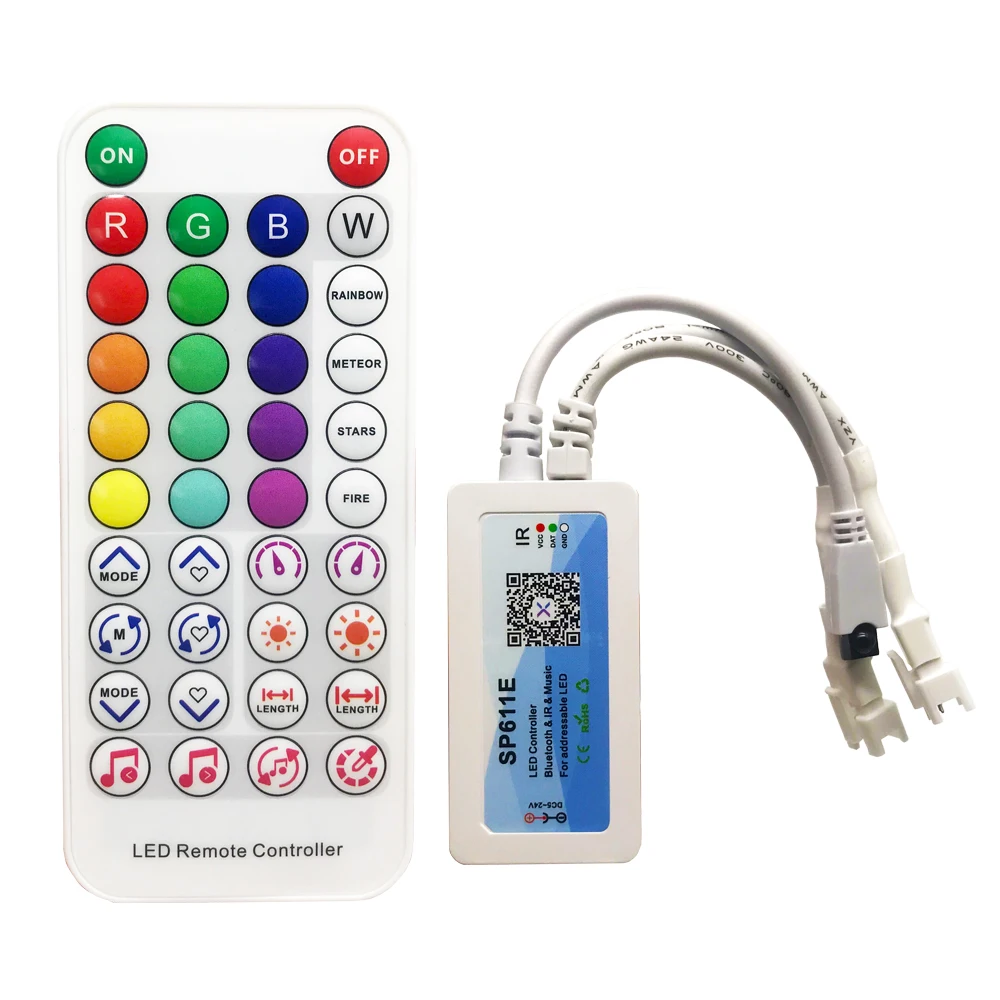 SP611E WS2812B WS2811 Bluetooth Music LED Strip Controller 38 Keys IR Remote APP Control For Addressable LED Lighting DC5V-24V