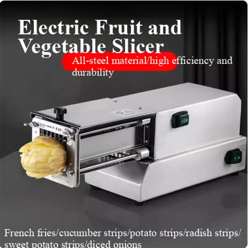 Cortadora de patatas eléctrica, máquina comercial automática para patatas fritas, pepino, rábano, lechuga, patata dulce, rebanadora de tira larga