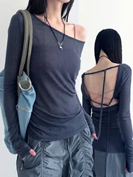 Rockmore Backless Tie Up T-Shirts Long Sleeves Autumn Women Harajuku Casual Slash Neck Basic Slim Pullover Tops Fashion Korean