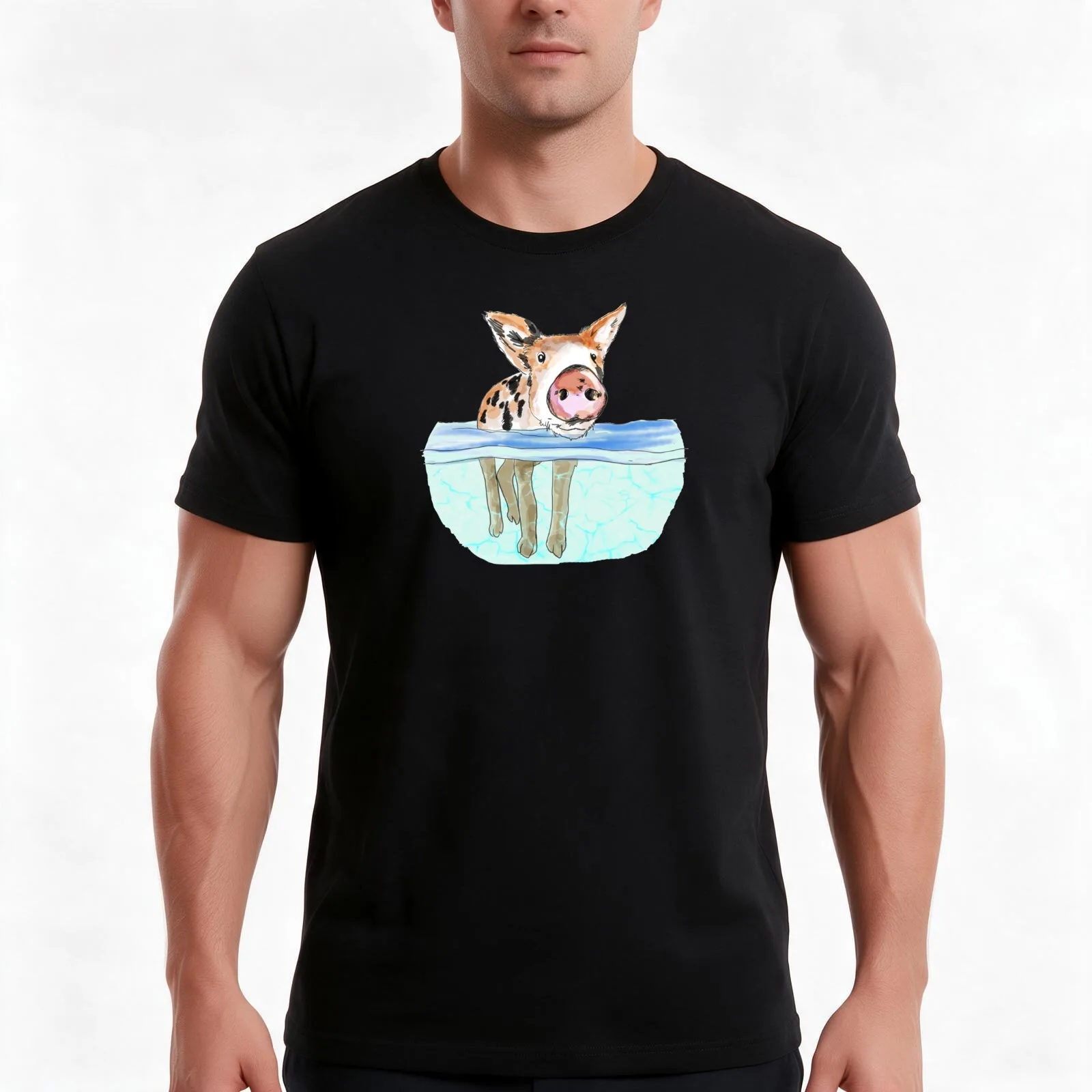 Bahamas Floating Swimming Piglet T-Shirt, Summer Casual Cotton Tee, Oversized Streetwear Tops, Vintage Graphic Print