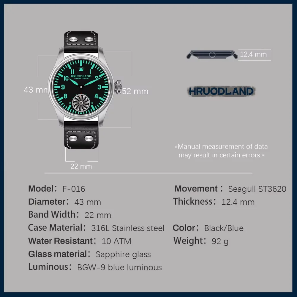 HRUODLAND Pilot Watch for Men BGW-9 Luminous Mechanical Wristwatch 316L Stainless Steel Sapphire Glass 10ATM Waterproof F016