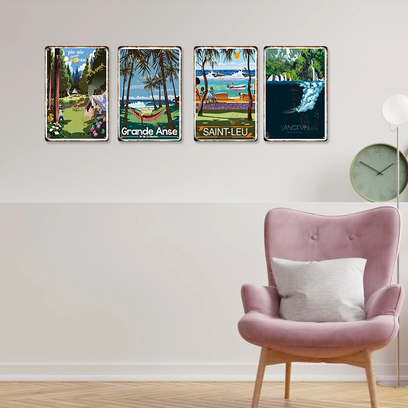 Nordic Travel Metal Posters French Reunion Island Holiday Illustration Tin Sign Plaque Plate Wall Art Decor For Living Room Gift