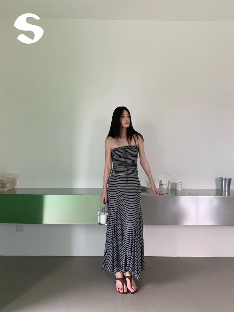 

Летняя красивая полосатая юбка-топ Ne, женский комплект из двух предметов, хлопковый легкий облегающий корейский комплект