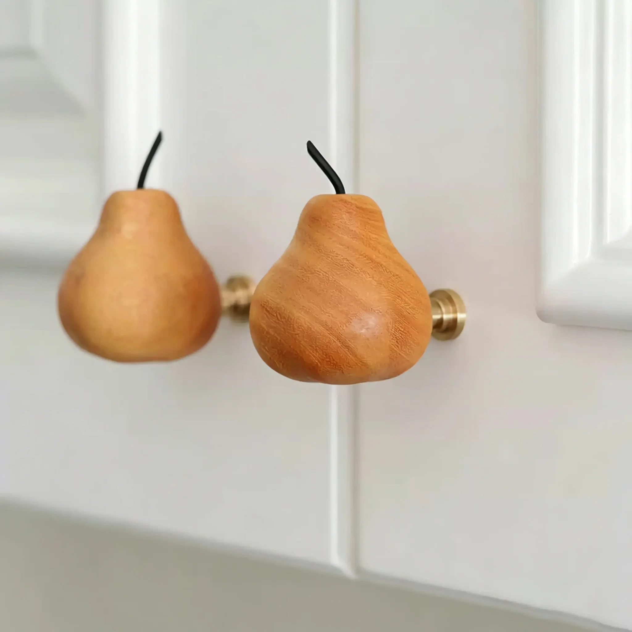 Hand-Carved Fruit-Shaped Cabinet Handles: Pineapple, Pumpkin, and Strawberry Solid Wood Cabinet Door Handles with Brass Bases