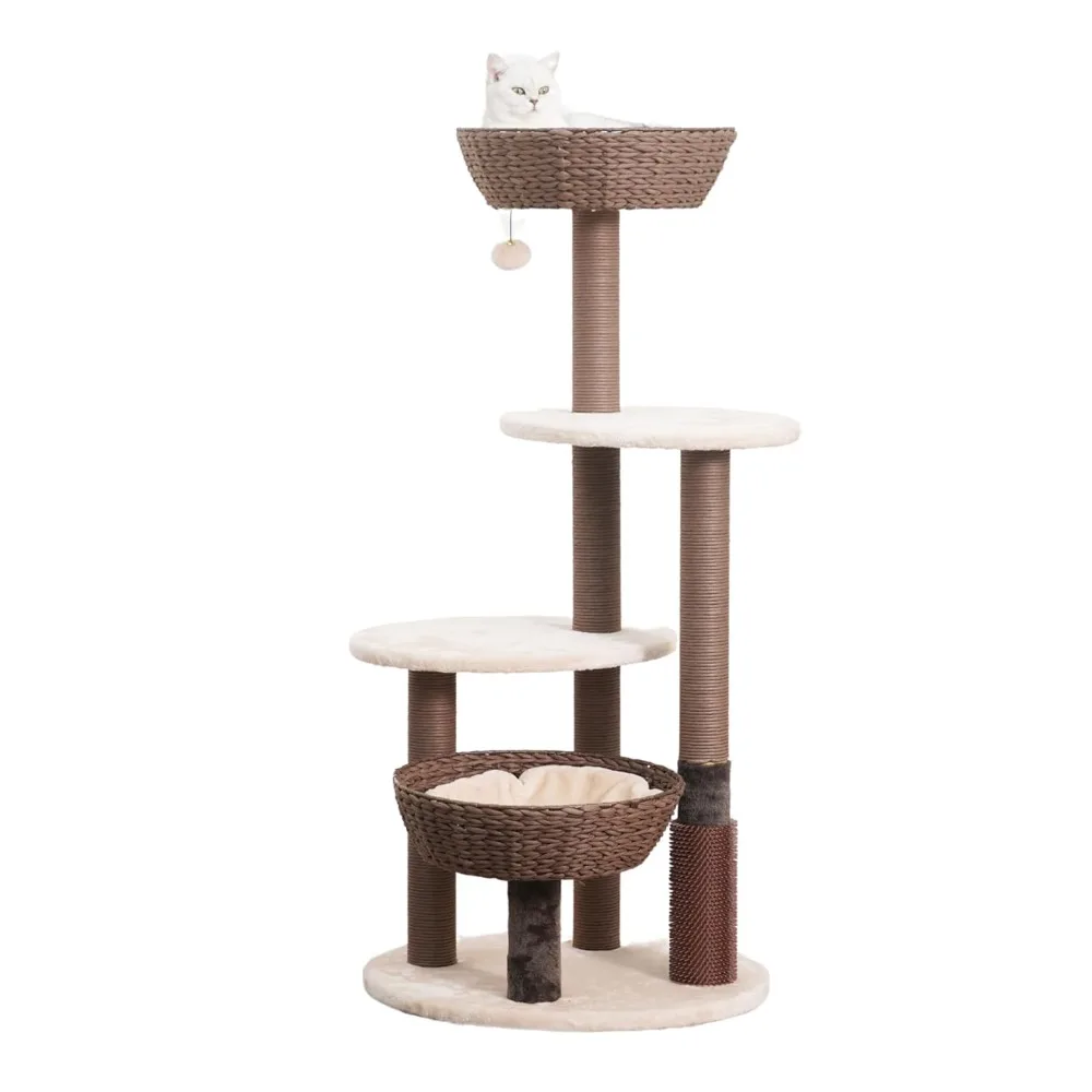 

49" High 5-Level Large Cat Tree with Replaceable Recycled Paper Rope Scratching Posts, Plush Cushions, Handwoven, Customized
