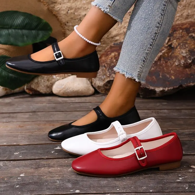 

Women's Square Toe Mary Jane Flats White Red Comfortable Walking Shoes for School Office Wedding Party Daily Wear