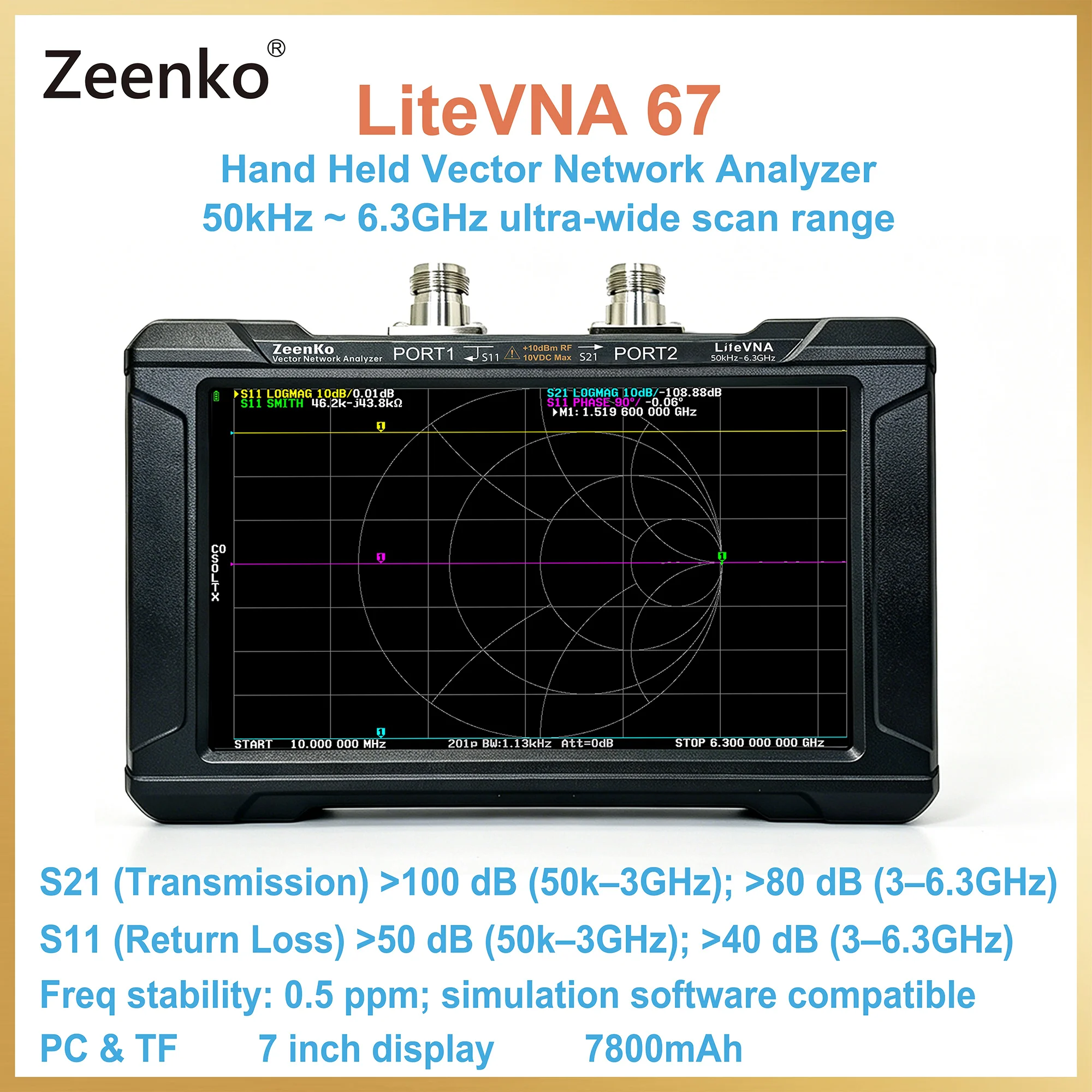Zeenko LiteVNA 67 7 Inch Display Hand Held Vector Network Analyzer 50kHz ~ 6.3GHz 7800mAh Battery