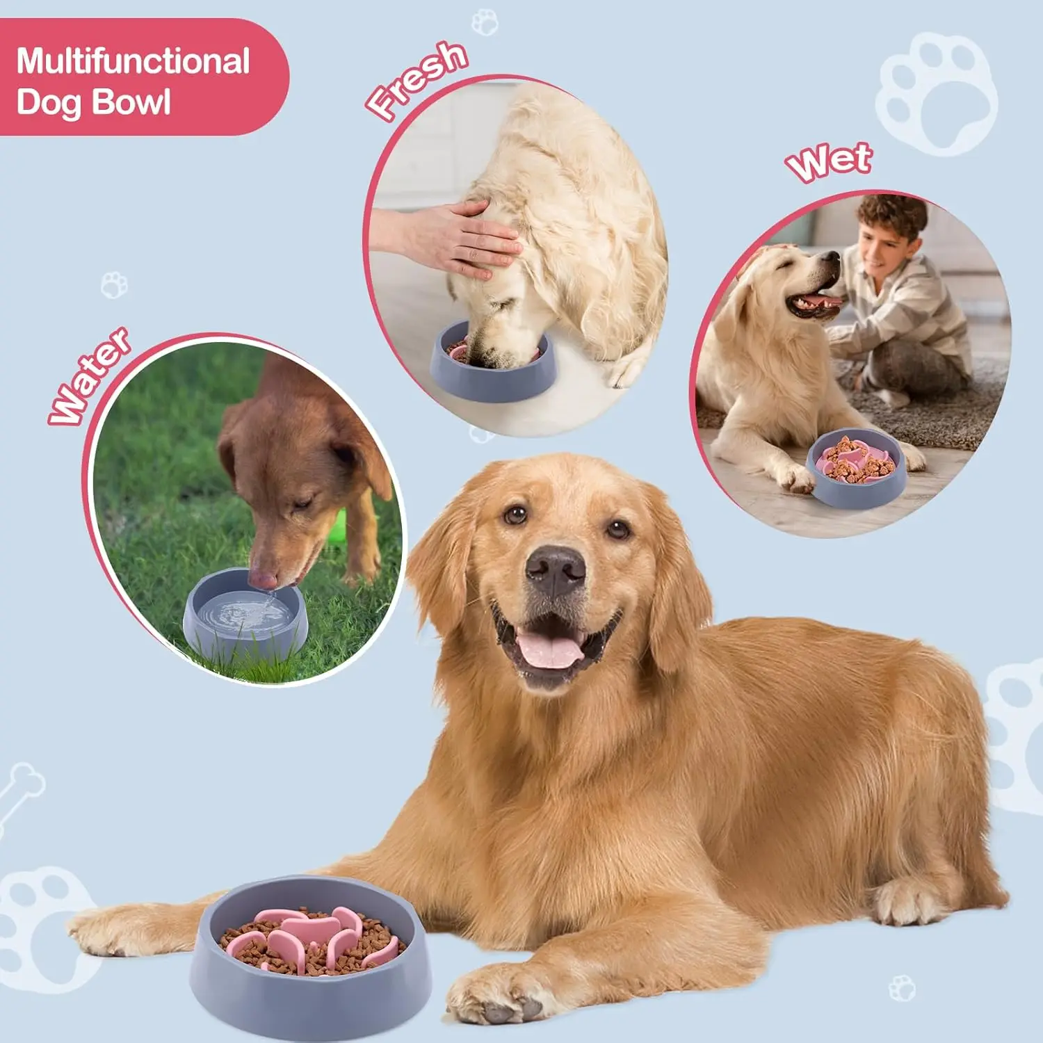 Slow Feeder Dog Bowls Insert, 2-in-1 Slow Feeder Dog Bowls with Silicone Slow Feeder Insert,Anti-Choking Puzzle Food Bowl