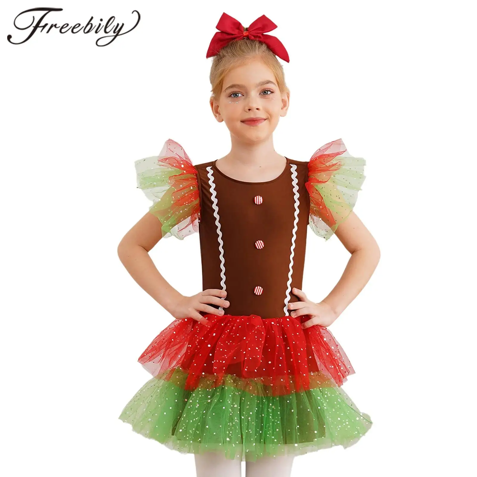 Kids Gingerbread Man Costume 2025 New Year Xmas Dress Girls Christmas Clothes Christmas Party Costume Flying Sleeve Tutu Dress