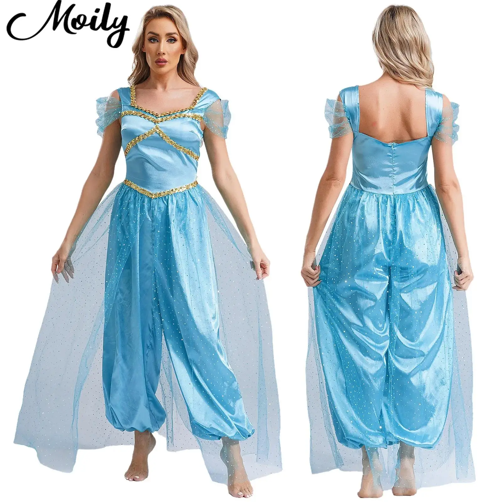 

Womens Halloween Arabic Cosplay Costume Sequin Trim Pumpkin Pants+Tulle Overlay Romper Suit Belly Dance Jumpsuit Party Clothes