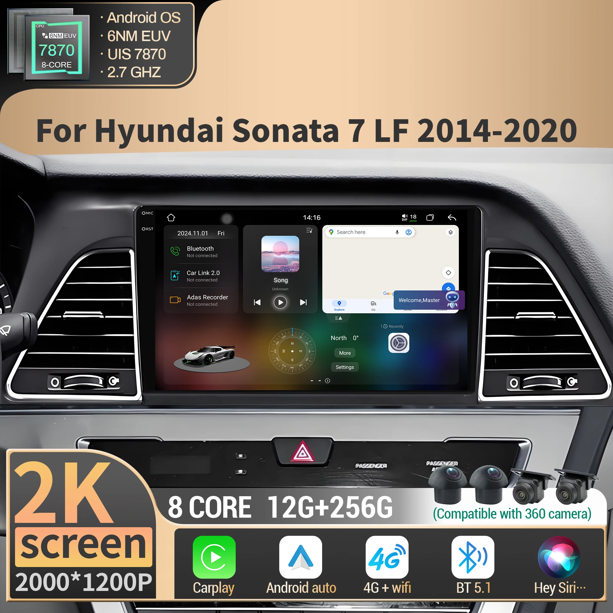 

Android For Hyundai Sonata 7 LF 2014-2020 Car Radio Multimedia system 4G GPS Wireless BT Carplay CPU 7870 2K QLED Screen Stereo