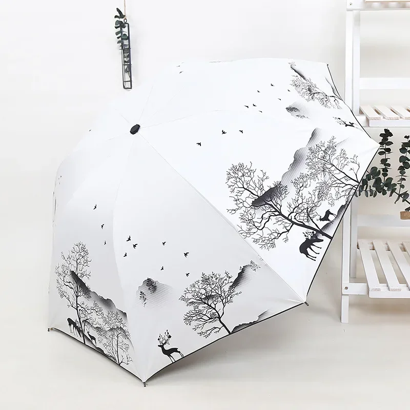 Ink Painting Umbrella ANTI-UV Foldable Umbrella Rain Women Chinese Style Umbrella Windproof Fashion Umbrellas Female Gift