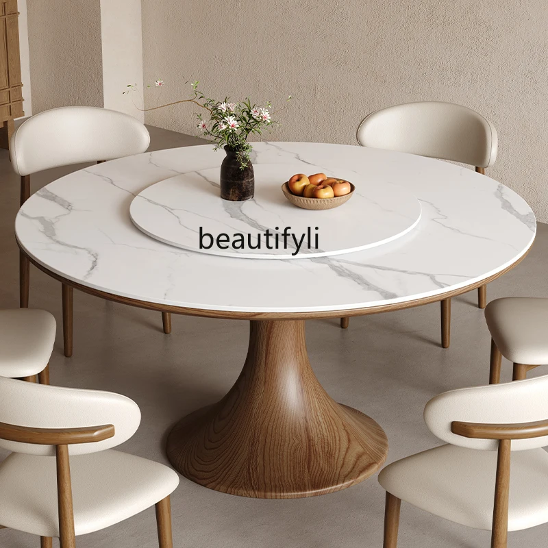 

Medieval style new solid wood rock slab dining table Nordic with turntable simple designer round table