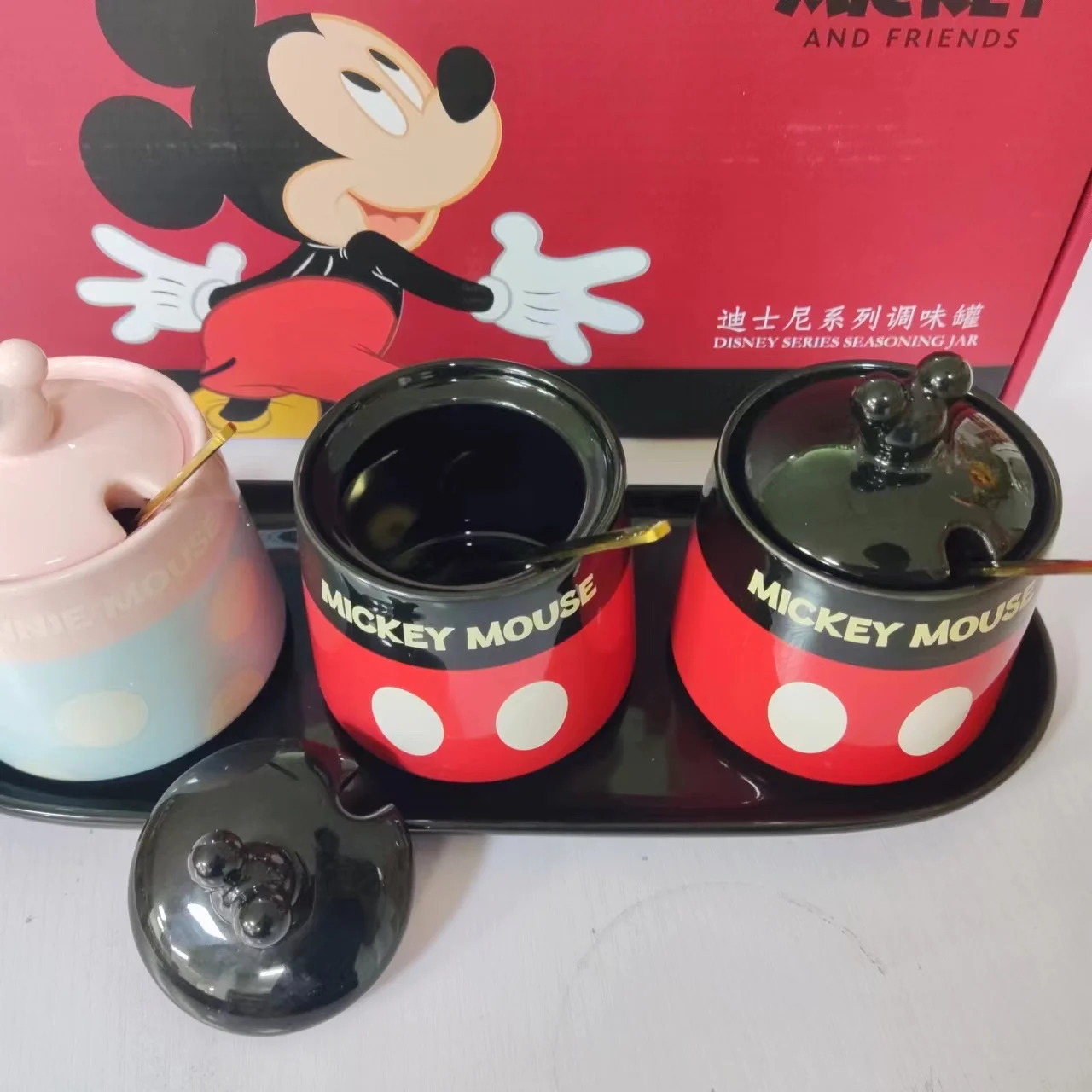 Disney Mickey Seasoning Box Ceramic Seasoning Pot Set Salt Pot With Spoon Seasoning Pot Kitchen Household Cartoon Seasoning Boxs