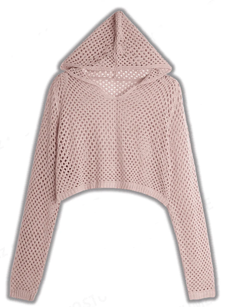 เสื้อสเวตเตอร์ถักลายฉลุมีฮู้ดสำหรับผู้หญิง แขนยาวโปร่งแสง ทรงบ็อกซี่ ครอปท็อป สำหรับวัยรุ่น ฤดูใบไม้ผลิ ฤดูร้อน สไตล์ Y2K