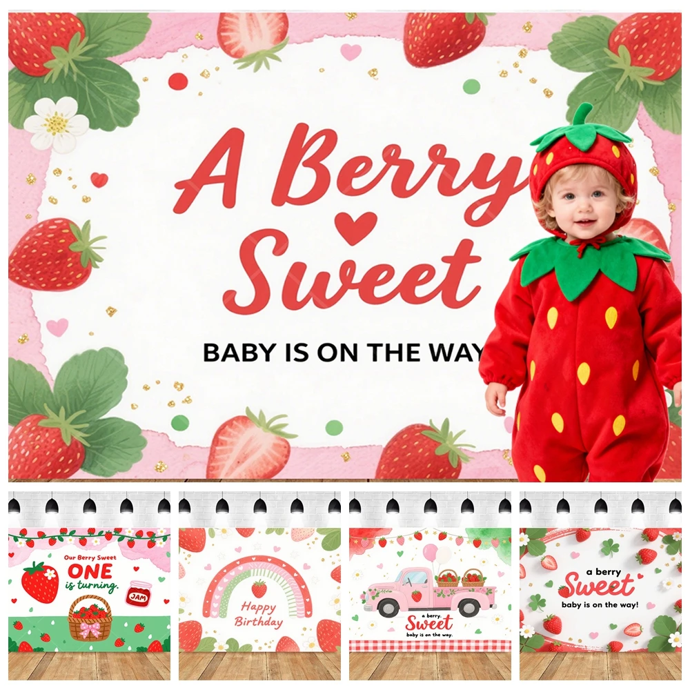 

Strawberry Sweet One 1st Birthday Backdrop Pink Gingham Watercolor Baby Shower Cake Smash Photo Background Nursery Decor​​