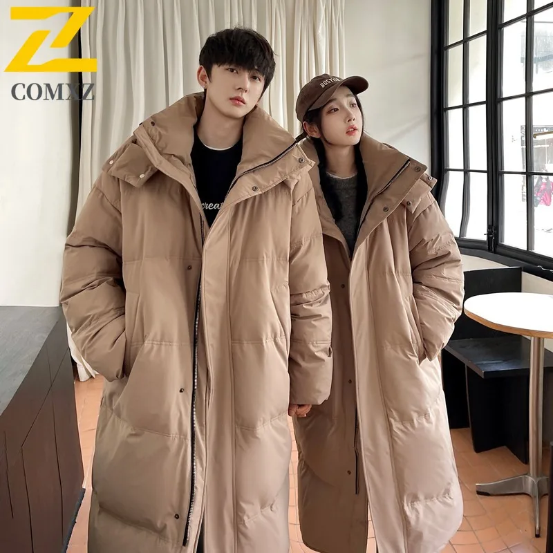 COMXZ Men Winter Jacket 2025 Light Luxury Hong Kong Style Thick Warm Loose Skiing Puffer Jacket Street Hooded Long Down Jacket