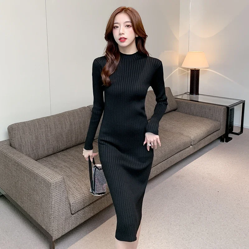 Autumn Winter Knitted Sweater Dress for Women 2021 Khaki Long Sleeve Bodycon Knee-length Dress Casual Half High Collar Dresses