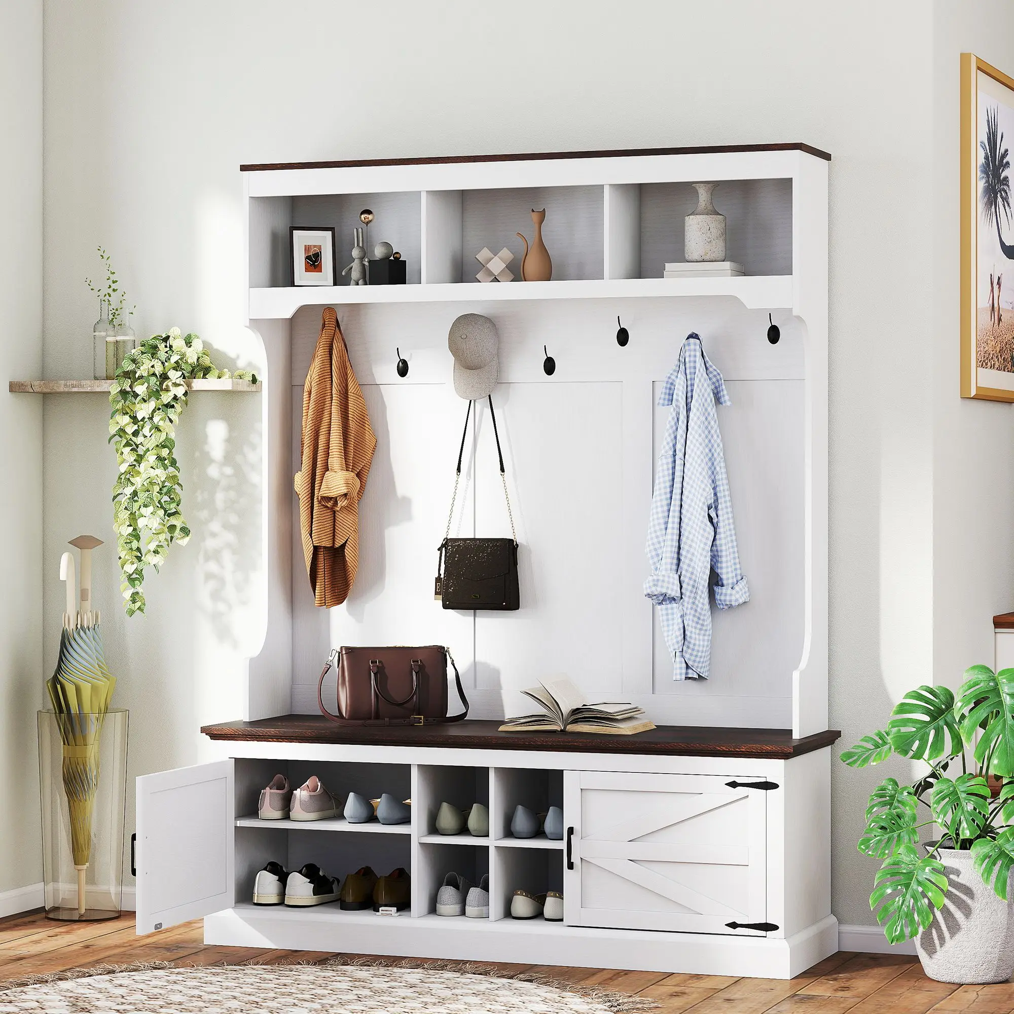 For 3-in-1 Hall Tree with Shoe Storage, Coat Rack with Bench, Entryway Furniture with Hooks, White Wood Grain