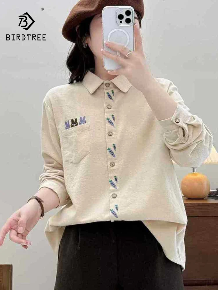 

New 2025 Fall Cotton Long Sleeve Brushed Shirt, Women Turn-down Collar Rabbit Embroidery, Mori Girl Sweet Loose Blouse T5O612CC