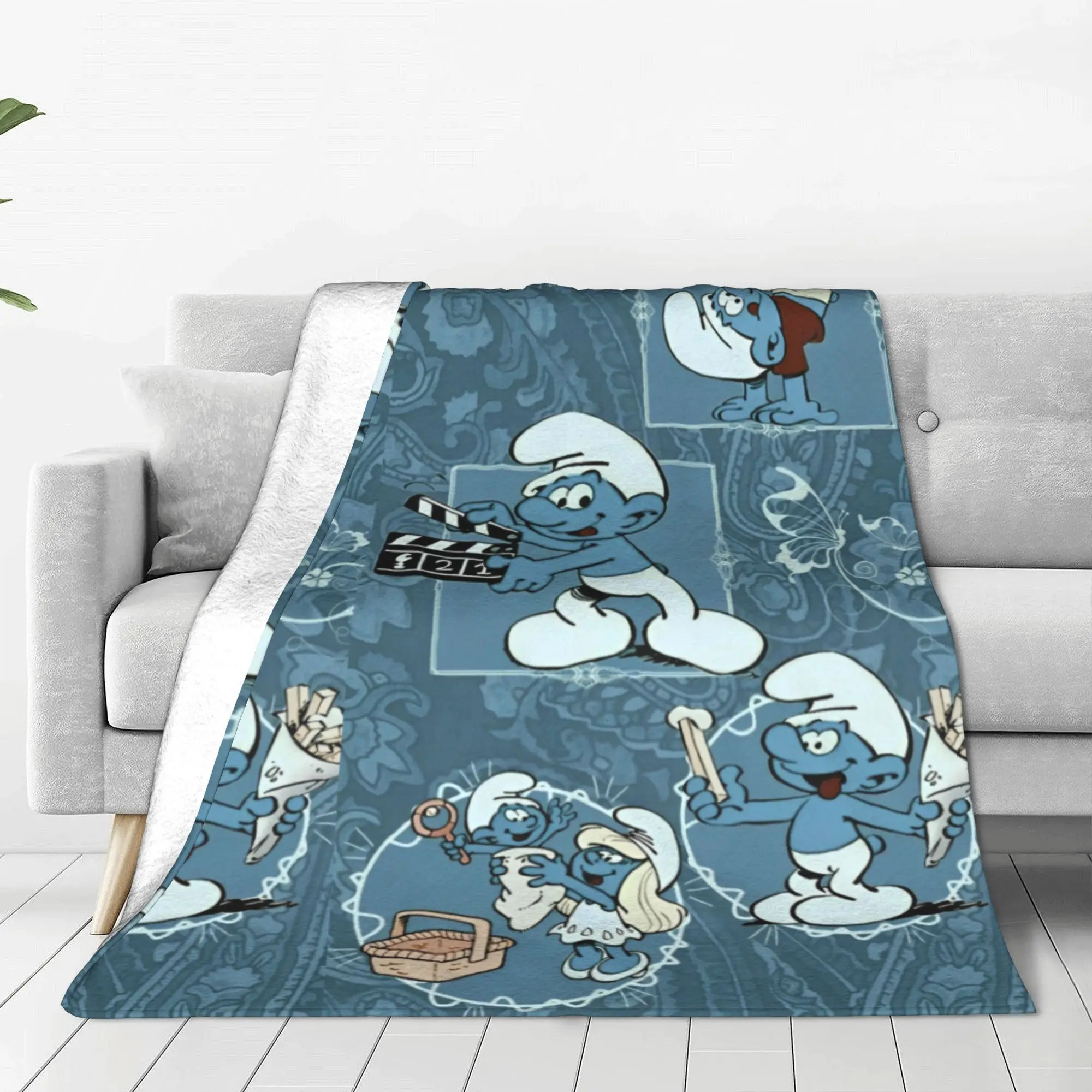 S-Smurfs Cartoon Blue Elf Blanket Fleece Decoration Anime Cute Multi-function Super Warm Throw Blankets Home Plush Thin Quilt