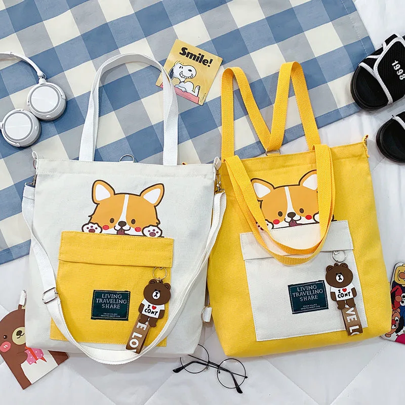 

JYSHINE Lovely Canvas Women Bag Cute Cartoon Canvas Shoulder Bag for Girls Student Crossbody Handbag Casual Tote Shopping Bag