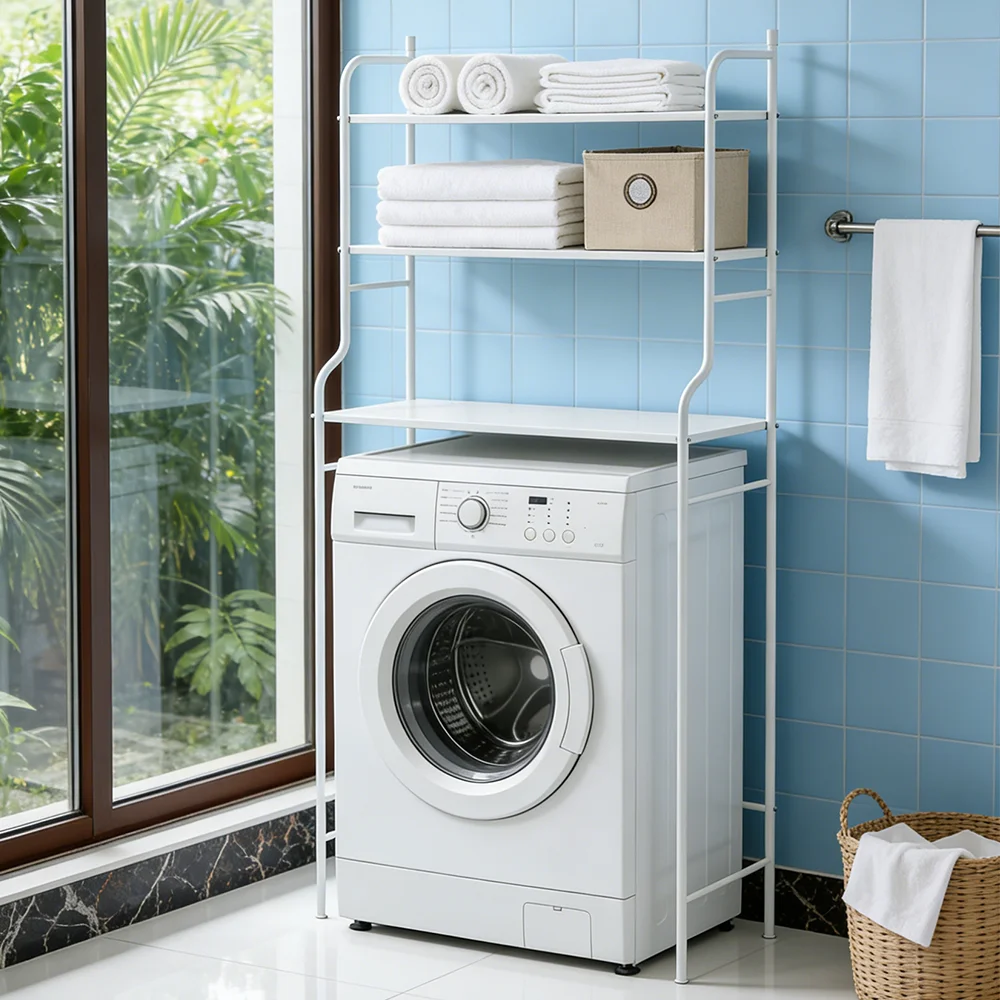 3-stufiges Badezimmer-Aufbewahrungsregal für Waschmaschinen, Toilettenregal aus Metall über dem Toilettensitz, Badezimmer-Aufbewahrungsplattform – Detail 7