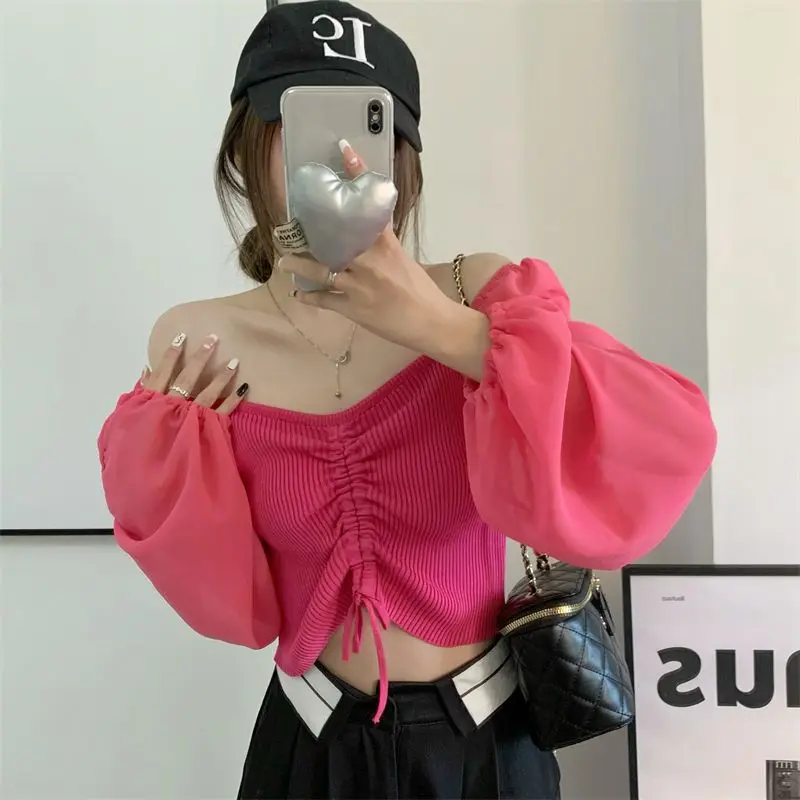 Off Shoulder V-Neck Drawstring Chiffon Splicing Long Sleeve Sexy Close-Fitting Summer And Spring Lace Up Fashion Long Sleeve