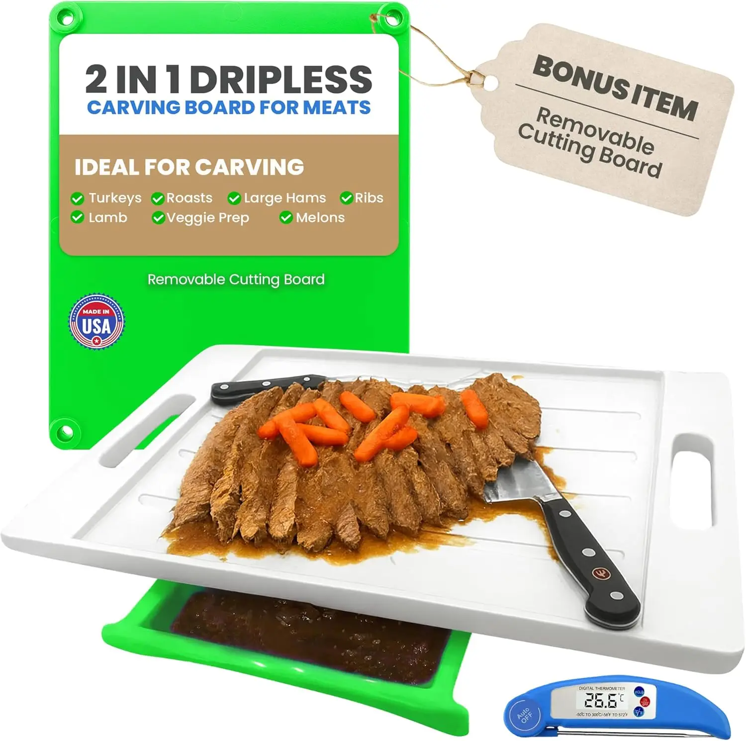 

Large Cutting Board - XL Deluxe Meal Prep System with Meat Thermometer, Juice Groove, Spikes, Drip Tray & Removable BPA