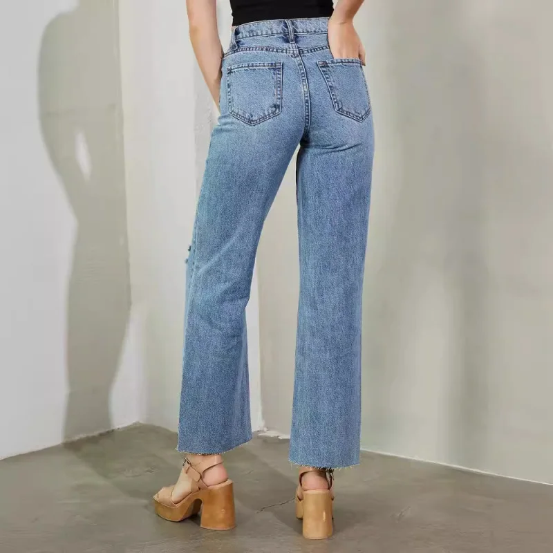 سراويل نسائية مستقيمة الساق على الطراز الأوروبي والأمريكي، سراويل متوترة جديدة أنيقة عالية الخصر، جينز ممزق عصري مغسول