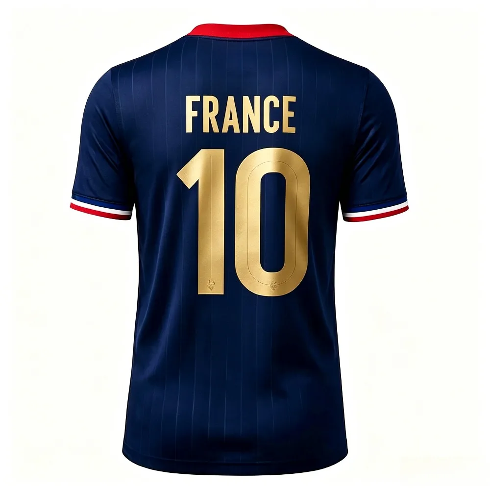 Summer Fashion Short Sleeve #10 Soccer Jersey, Navy V-Neck Polyester Football Shirt with Gold FRANCE Back Print