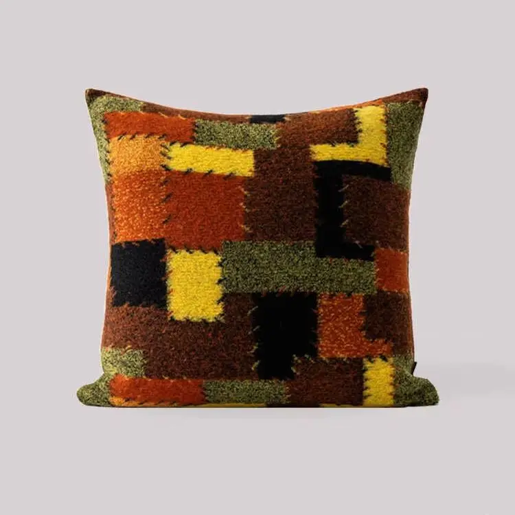 Industrial-style vintage oil painting-inspired color-block patch cushion in black yellow and orange high-end home decor pillow