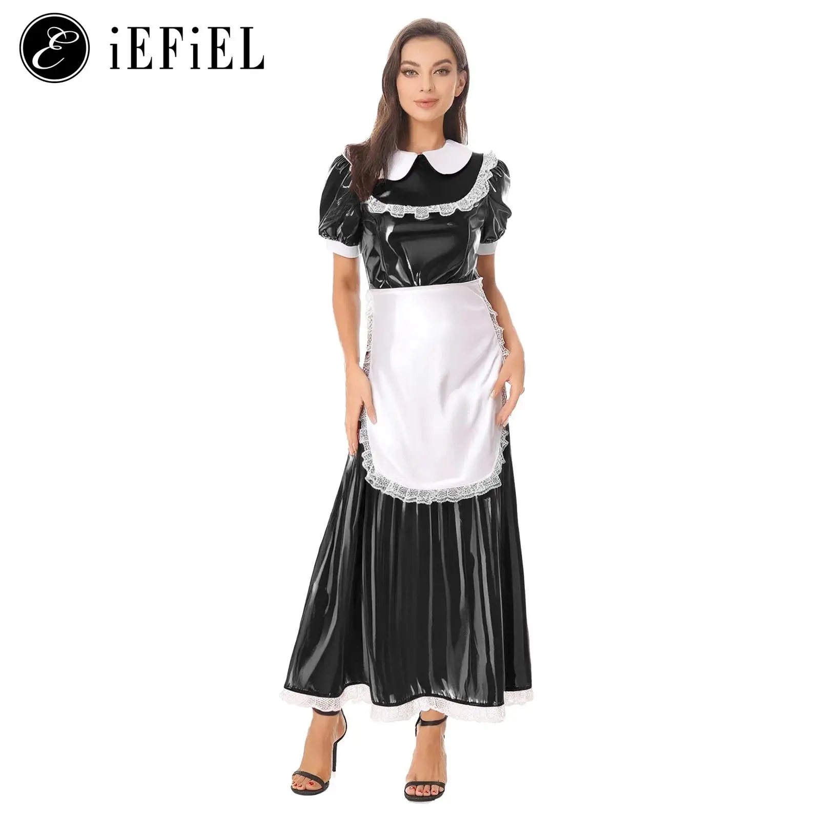 

Women Sexy French Maid Cosplay Costume Wetlook Pu Leather Floral Lace Short Sleeve Maid Dress with Apron Halloween Cosplay